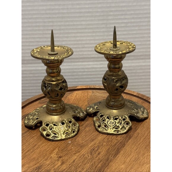 2 Candle Holders Brass - Candle Holder - Candelabra - Pierced - Vintage - Picture 9 of 11